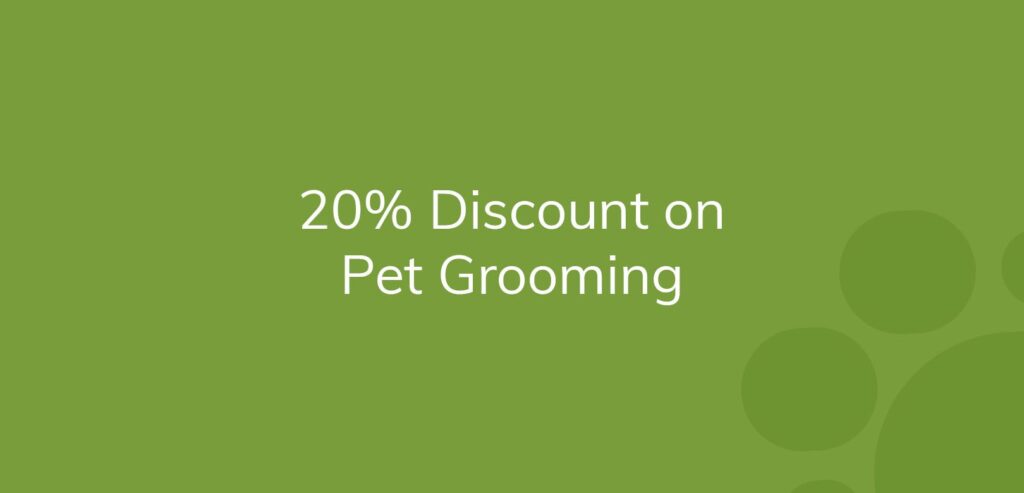 Text stating "20% Discount on Pet Grooming" on a green background.