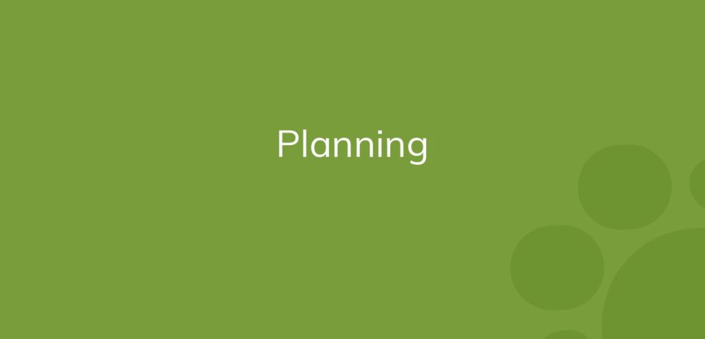 Text "Planning" on a green background with abstract circles.