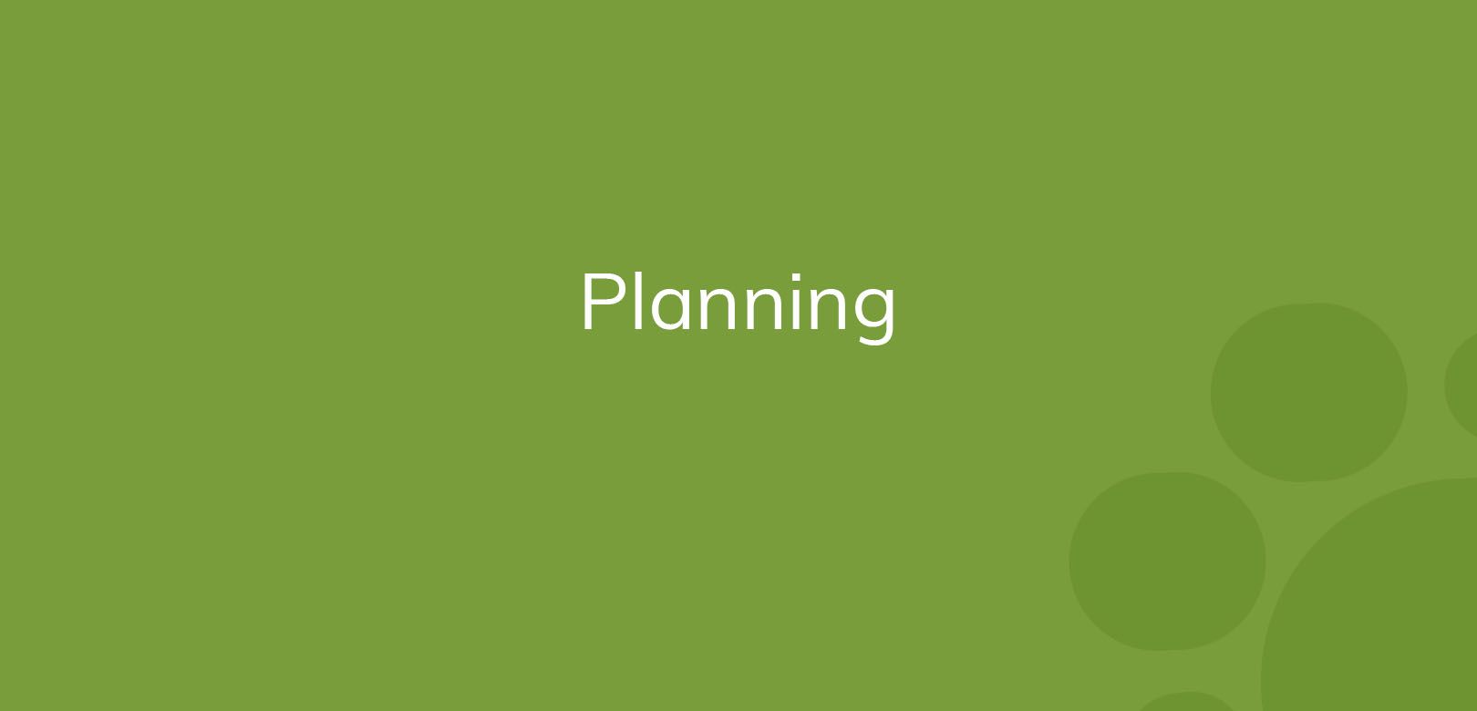 Text "Planning" on a green background with abstract circles.