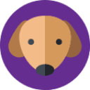 Illustration of a dog's face with a purple circular background.