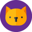 Split-faced illustration of an orange cat with purple background.