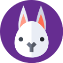 Icon of a split-face animal, half cat and half rabbit, in purple circle.