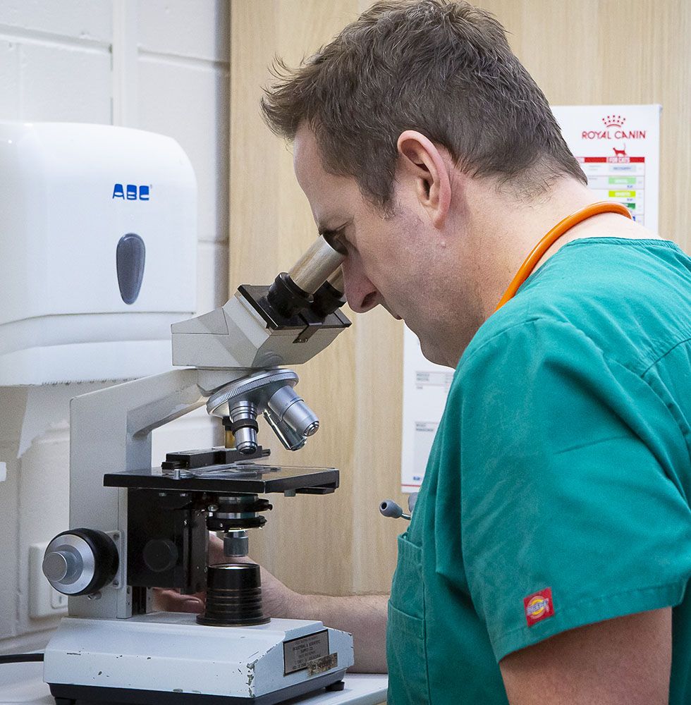 Man in green scrubs using a microscope in a lab.