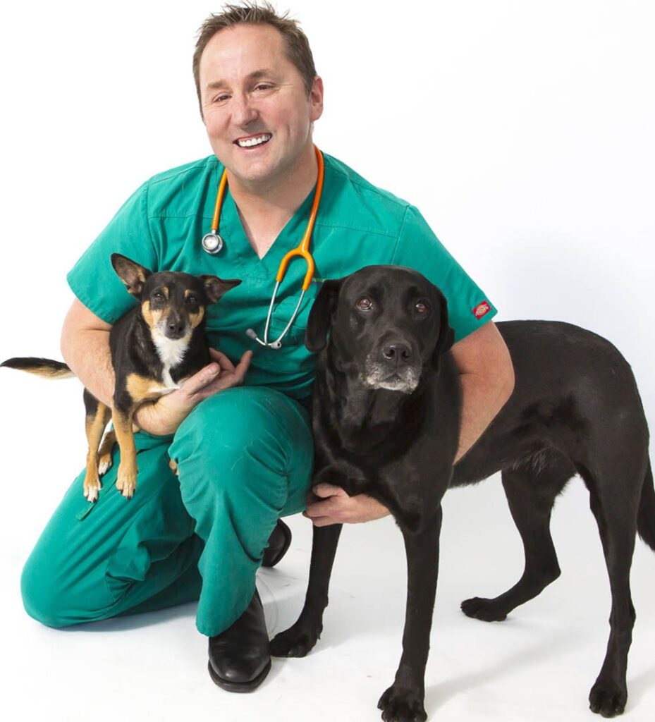 Veterinarian in green scrubs smiling with a small dog on his lap and a large black dog by his side.