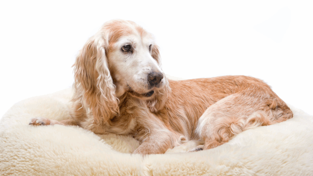 Golden Cocker Spaniel lying on a fluffy white cushion.