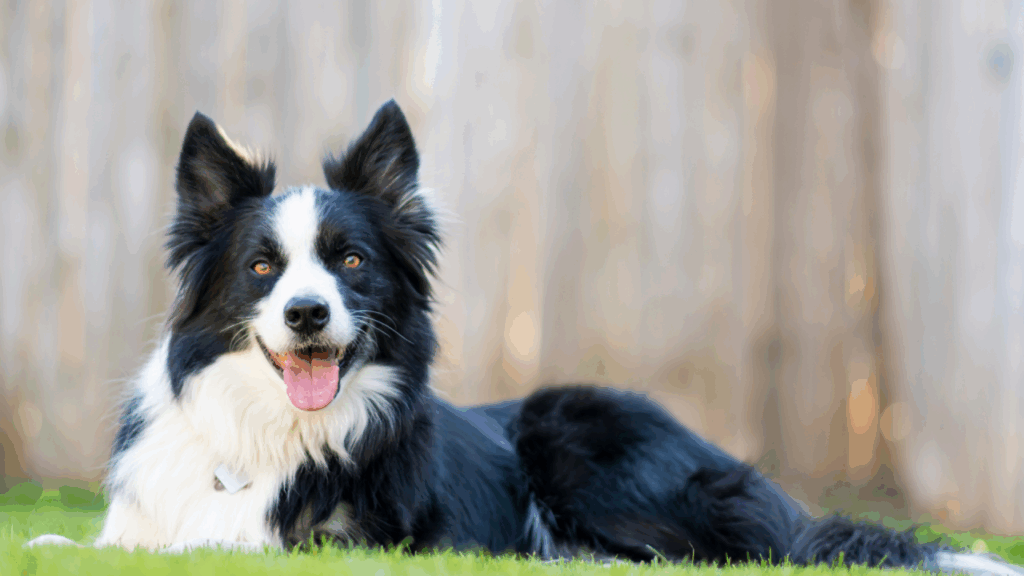 A black and white Border Collie lying on grass with a happy expression.