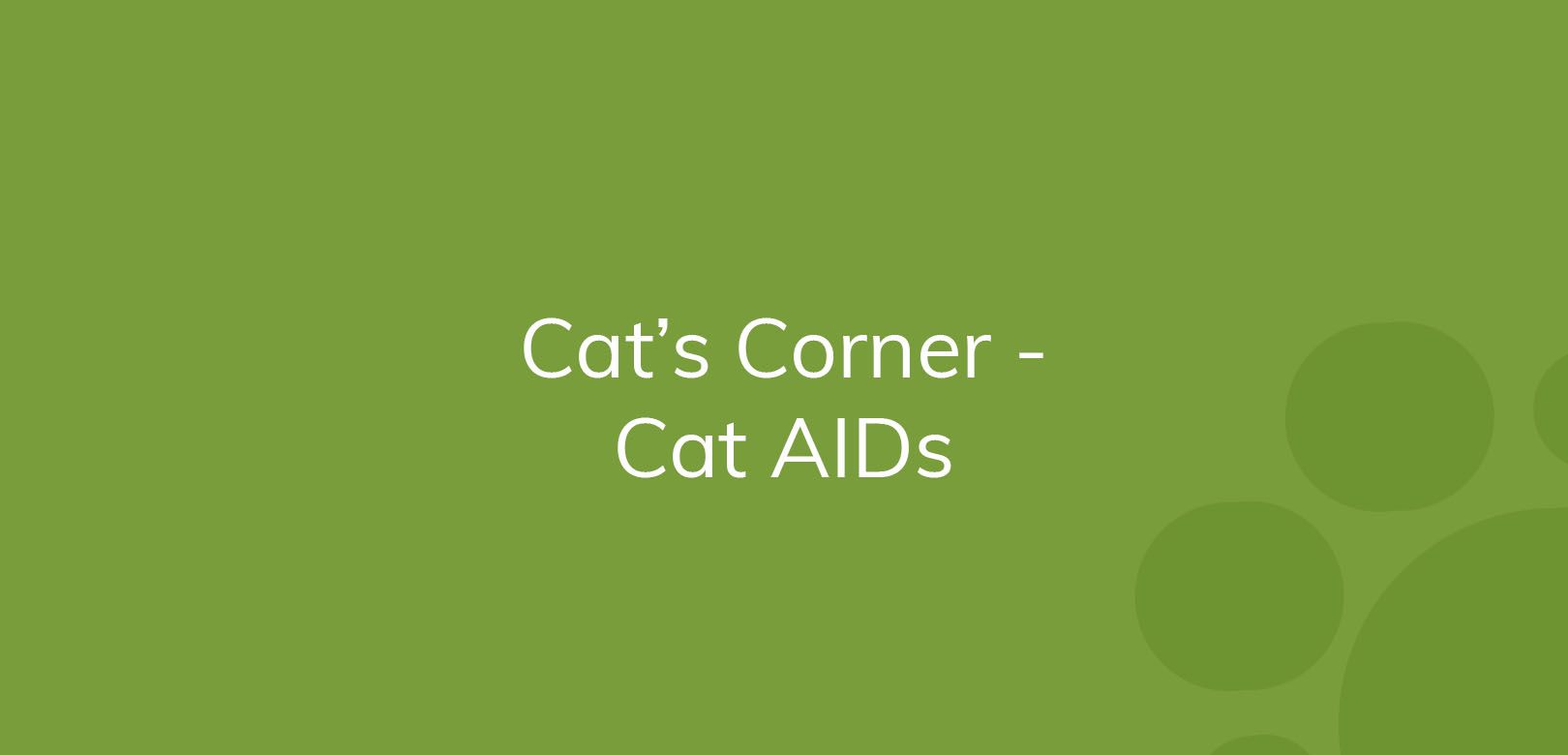Green graphic with text "Cat’s Corner - Cat AIDs" and decorative circles.