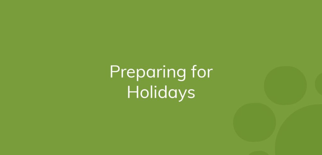 Text "Preparing for Holidays" on a solid green background with bubble patterns.