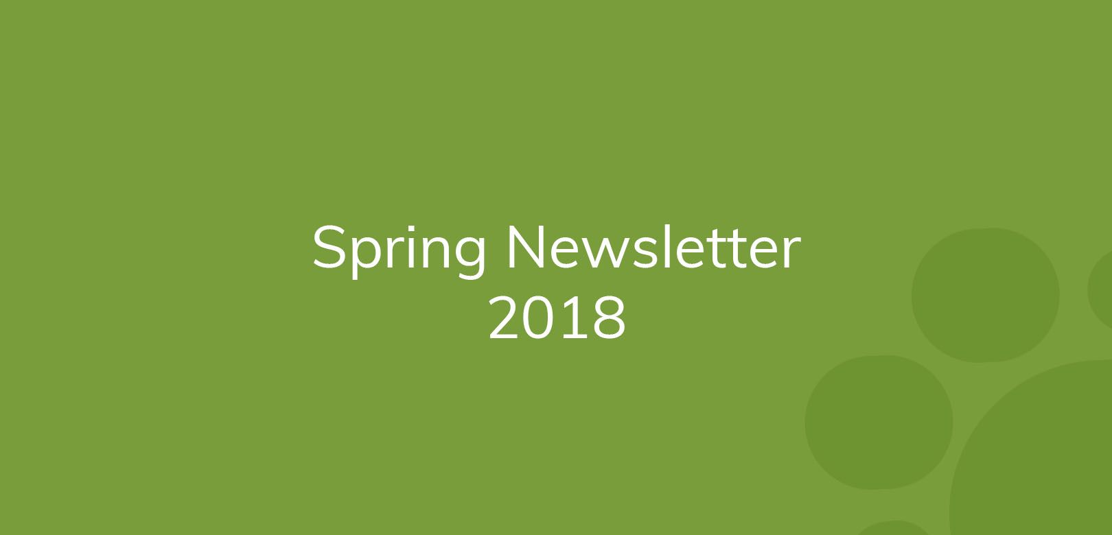 Text "Spring Newsletter 2018" on a green background with circle patterns.
