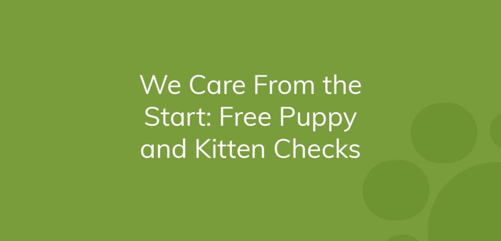Text on green background: "We Care From the Start: Free Puppy and Kitten Checks"