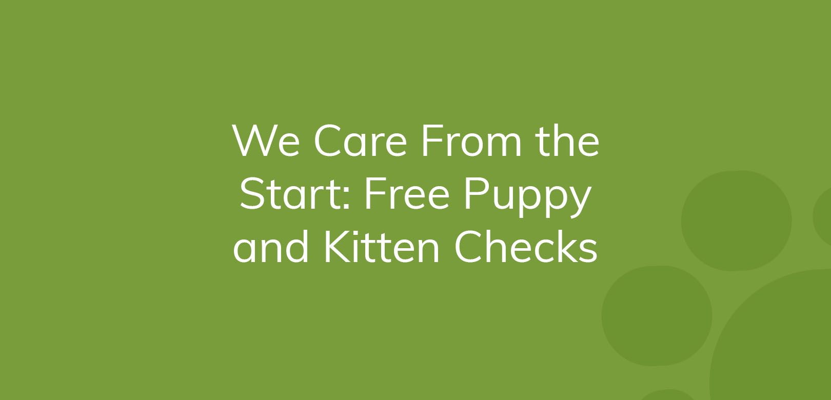 Text on green background: "We Care From the Start: Free Puppy and Kitten Checks"