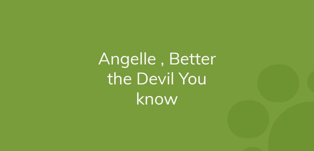 Text "Angelle, Better the Devil You know" on a green background with circle designs.