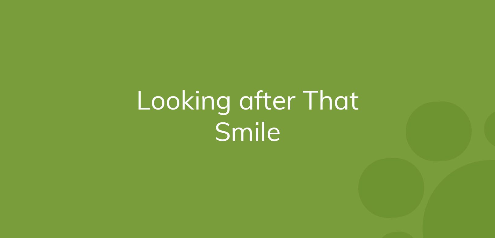 Text "Looking after That Smile" on a green background with lighter green circles.