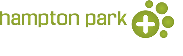 Logo of Hampton Park Veterinary Hospital featuring a green cross and slogan "caring for life."