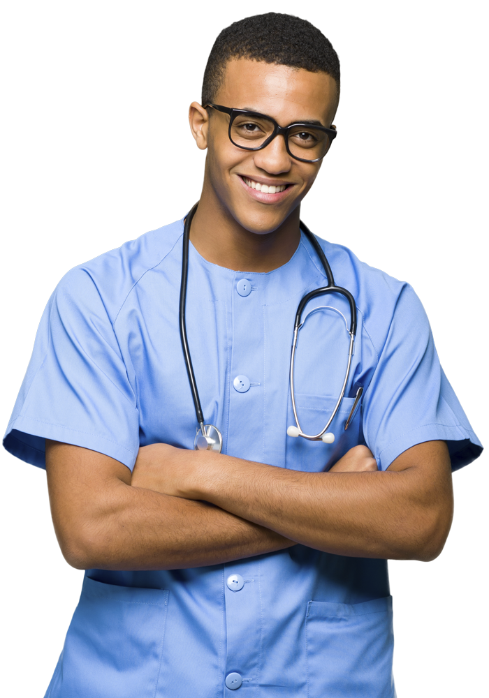 Smiling young male nurse with glasses and crossed arms wearing scrubs and a stethoscope.